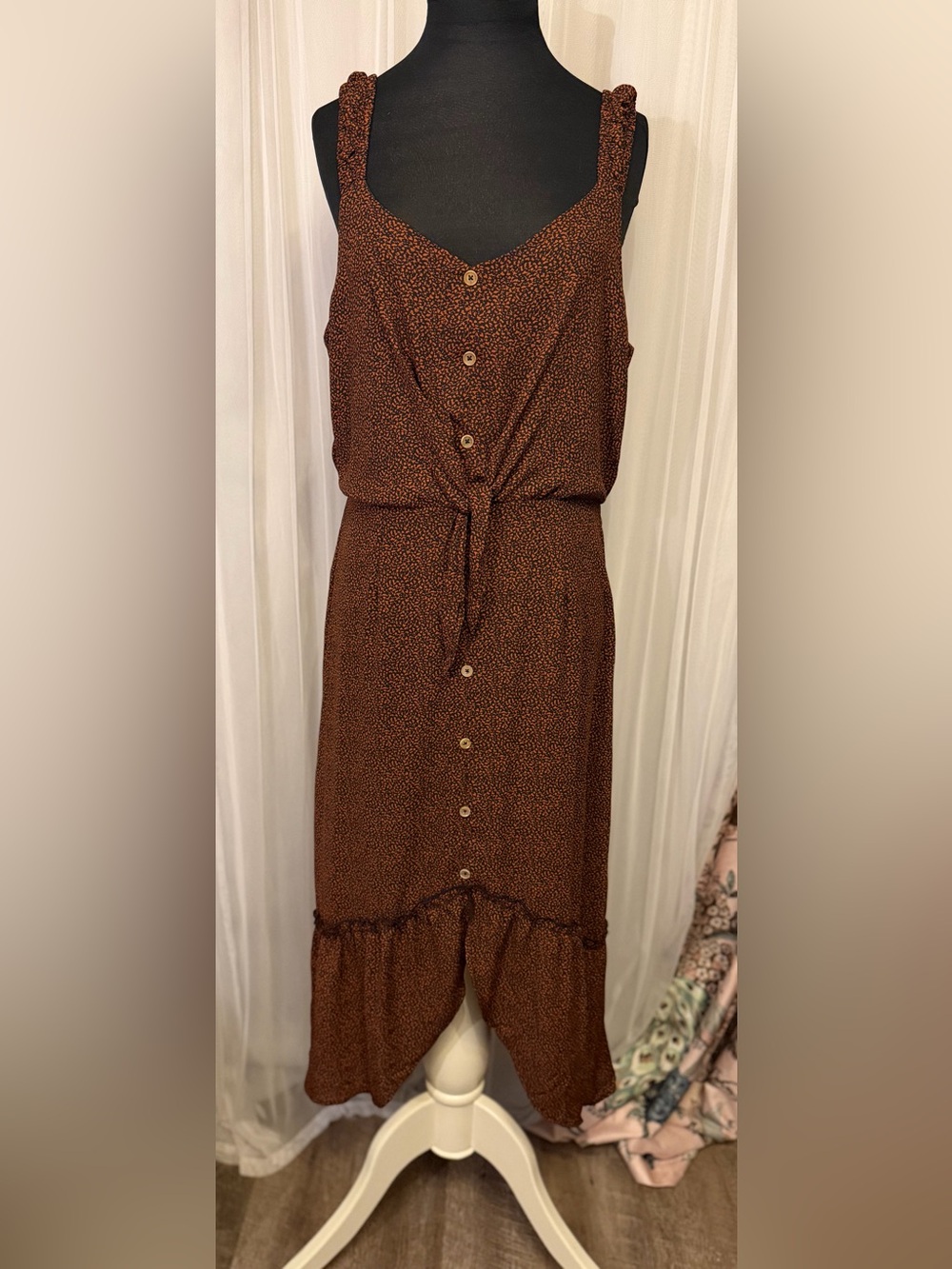 Sienna Sky Brown Button-Front Tie-Waist Midi Dress